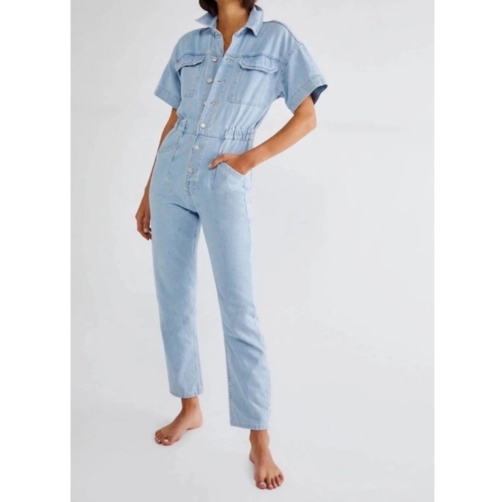 Free People We The Free Marci Denim Short Sleeve Jumpsuit Size Large